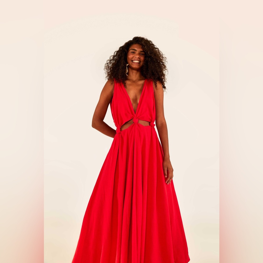 Farm Rio Knotted Cut Out Red Midi Dress L Large NWOT Linen Blend